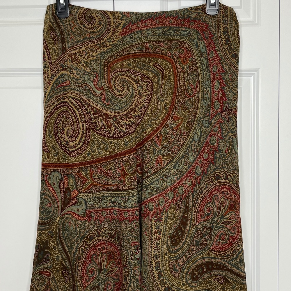 Lauren Ralph Lauren Silk Paisley Midi Skirt Size 14 NWT Brown Ruffle Hem - Picture 3 of 11